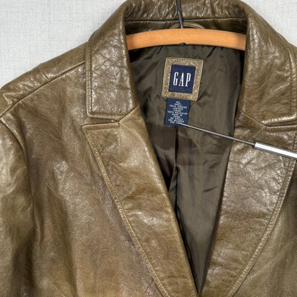 GAP Leather Blazer Brown Long Sleeve Button-Front Jacket Pockets Lined Size XL - Picture 3 of 12